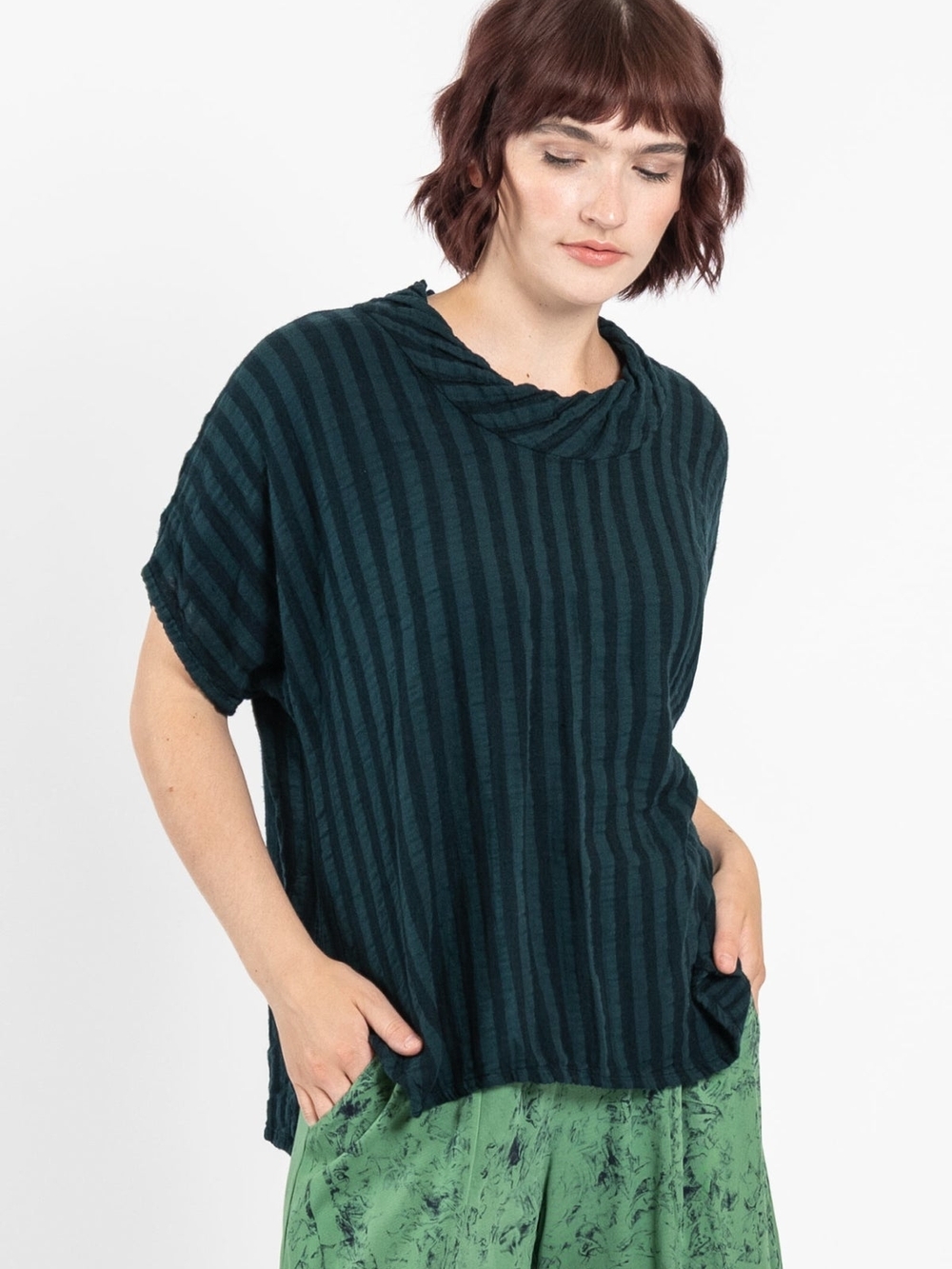 Striped Teal Short-Sleeve Women's Sweater Top